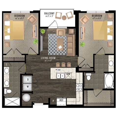 Floor plan for 2 beds, 2 baths, 1078 sqft